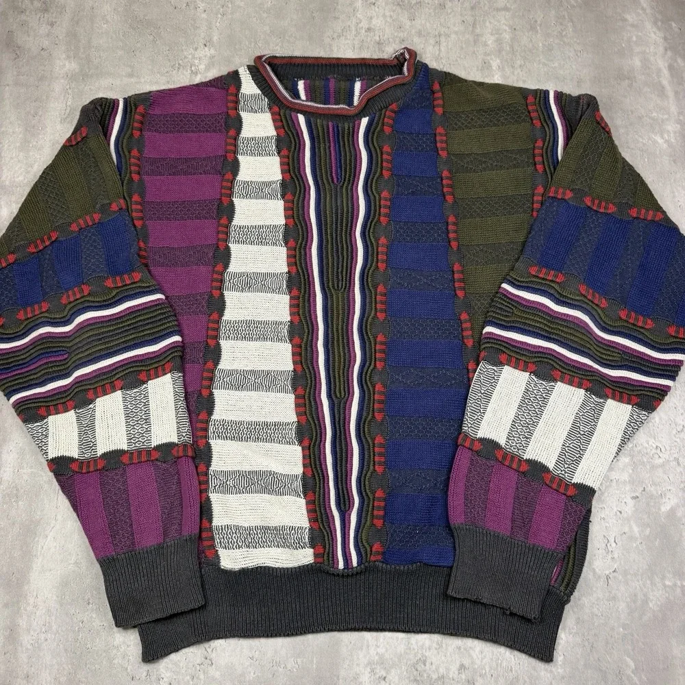Vintage 90s Coogi Style 3D Knit Sweater Multicolor Textured Striped Pullover L